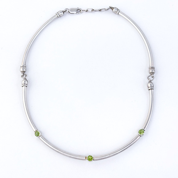 Vintage Sterling Silver 925 Green Peridot Accent Modernist Collar Necklace 16" - Picture 3 of 11